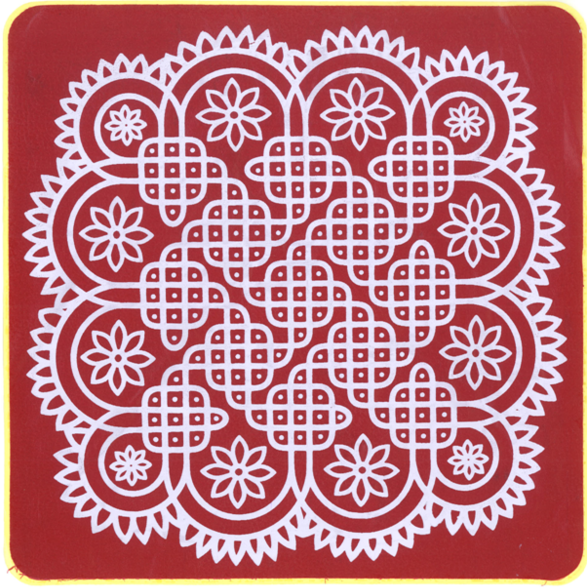 Mandala carré aux coins arrondis, rouge foncé avec un délicat motif blanc