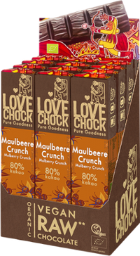 Lovechock Riegel: Zartbitterschokolade mit Maulbeeren und Knusper aus getrockneten Dattelstückchen