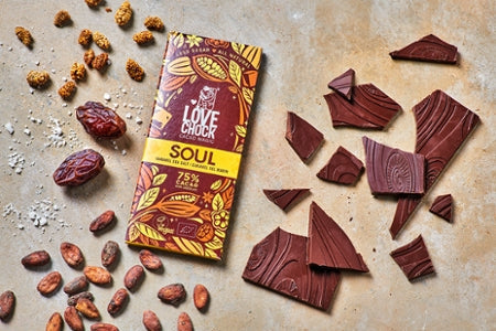 NEU Lovechock Soul Tafeln, Zartbitterschokolade mit Karamell, Maulbeere, Meersalz und Inulin, SOUL